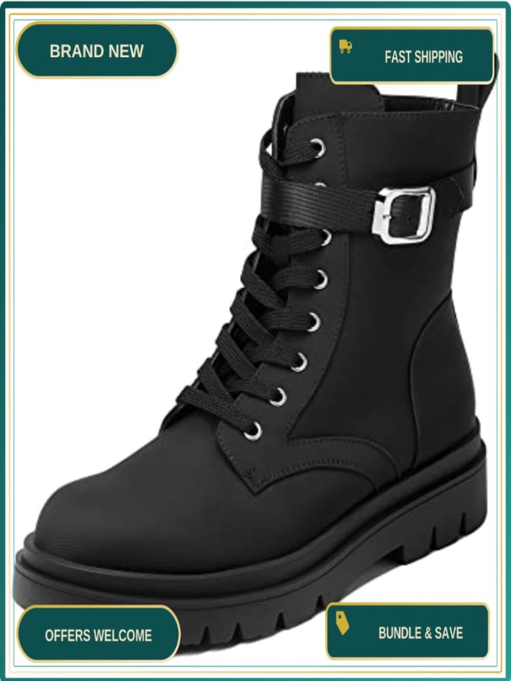 Combat Platform Boots Ankle Bootie Chunky Heel Zip Water Resistant Faux Leather